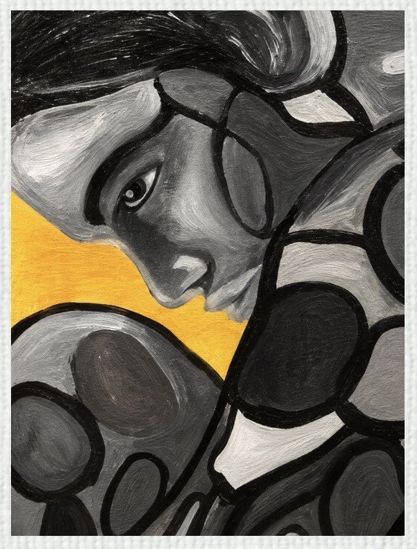 Detail of a painting: a face among segmented organic forms